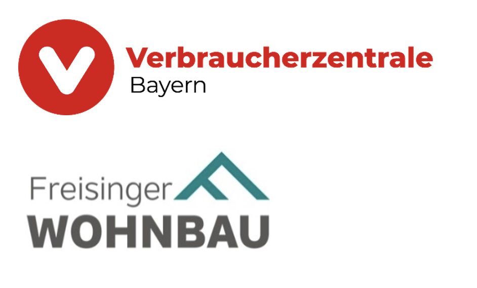 Logos der Verbraucherzentrale Bayern in Rot mit einem Häkchen im Kreis und der Freisinger Wohnbau in Grau und Petrol mit einem stilisierten Dach über dem Text.